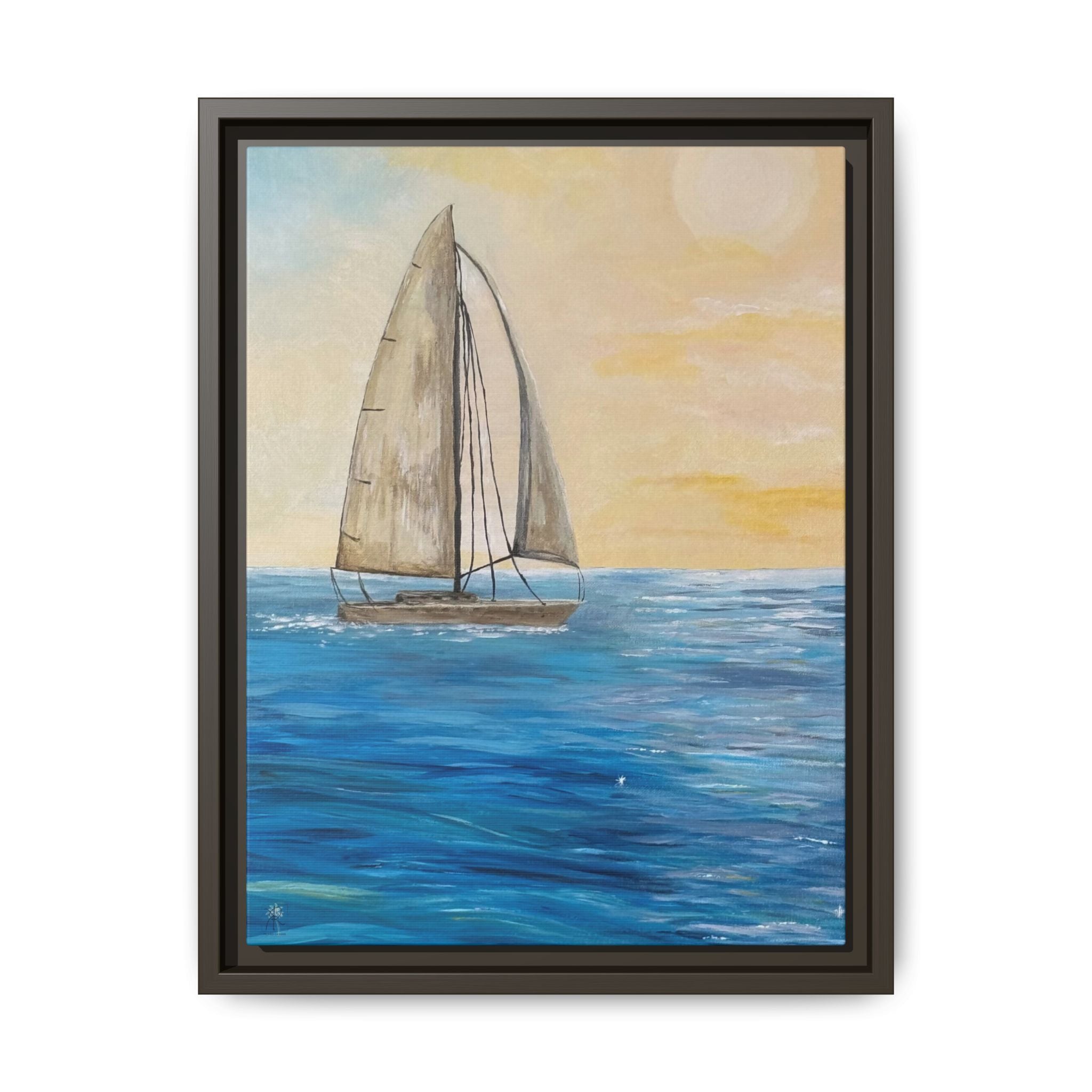 Sunset Sailboat Framed Canvas Print – Coastal Ocean Wall Art