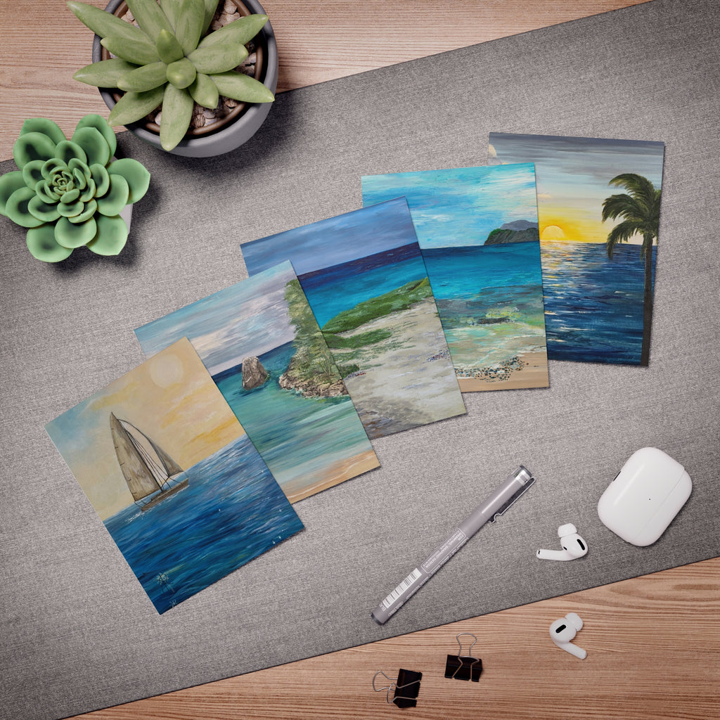 Set of beach-themed postcards with original artwork