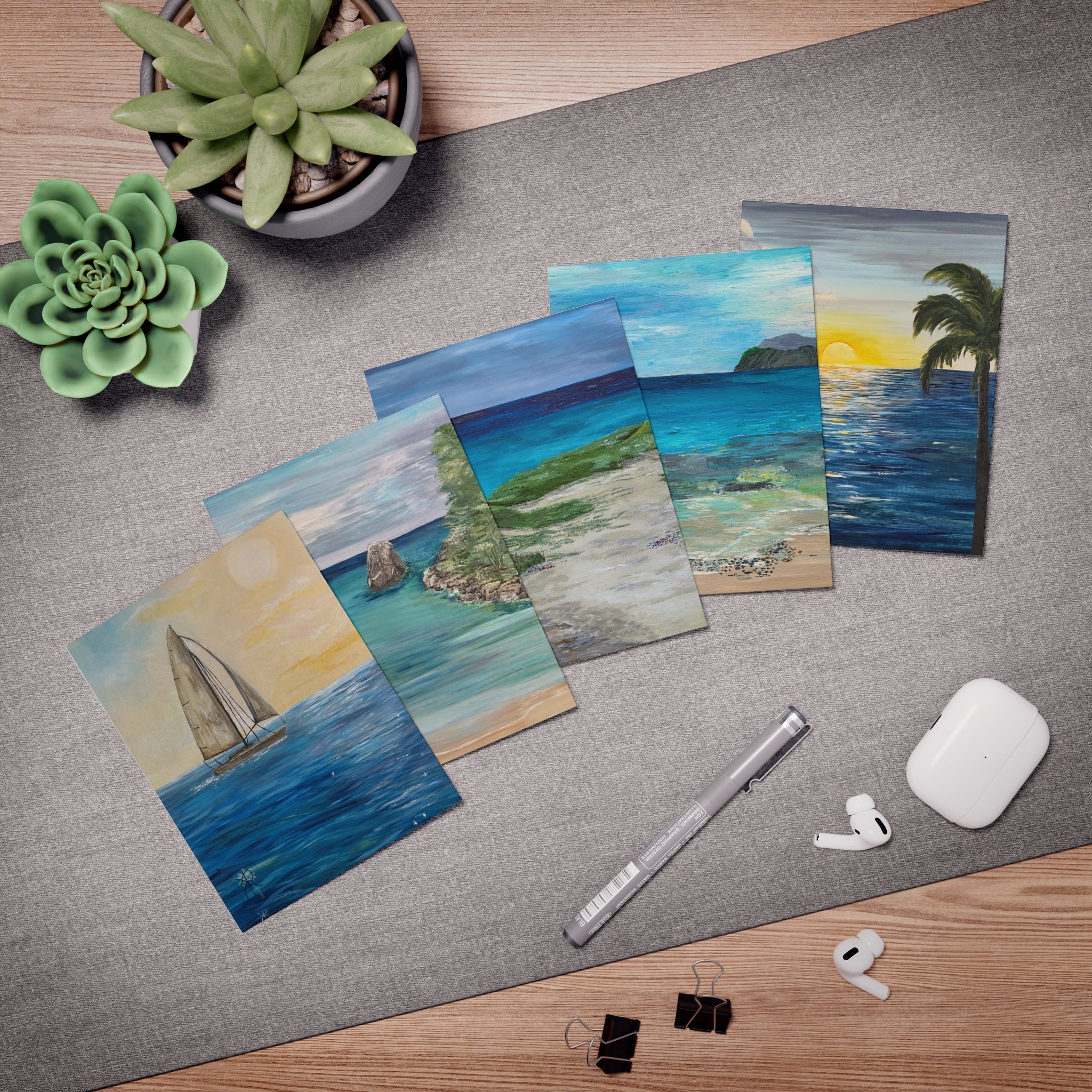 Set of beach-themed postcards with original artwork