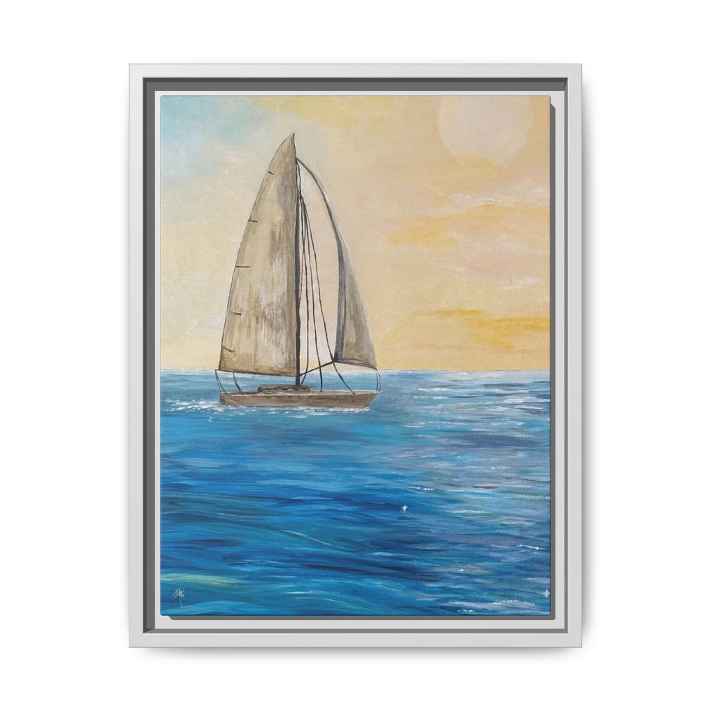 Sunset Sailboat Framed Canvas Print – Coastal Ocean Wall Art