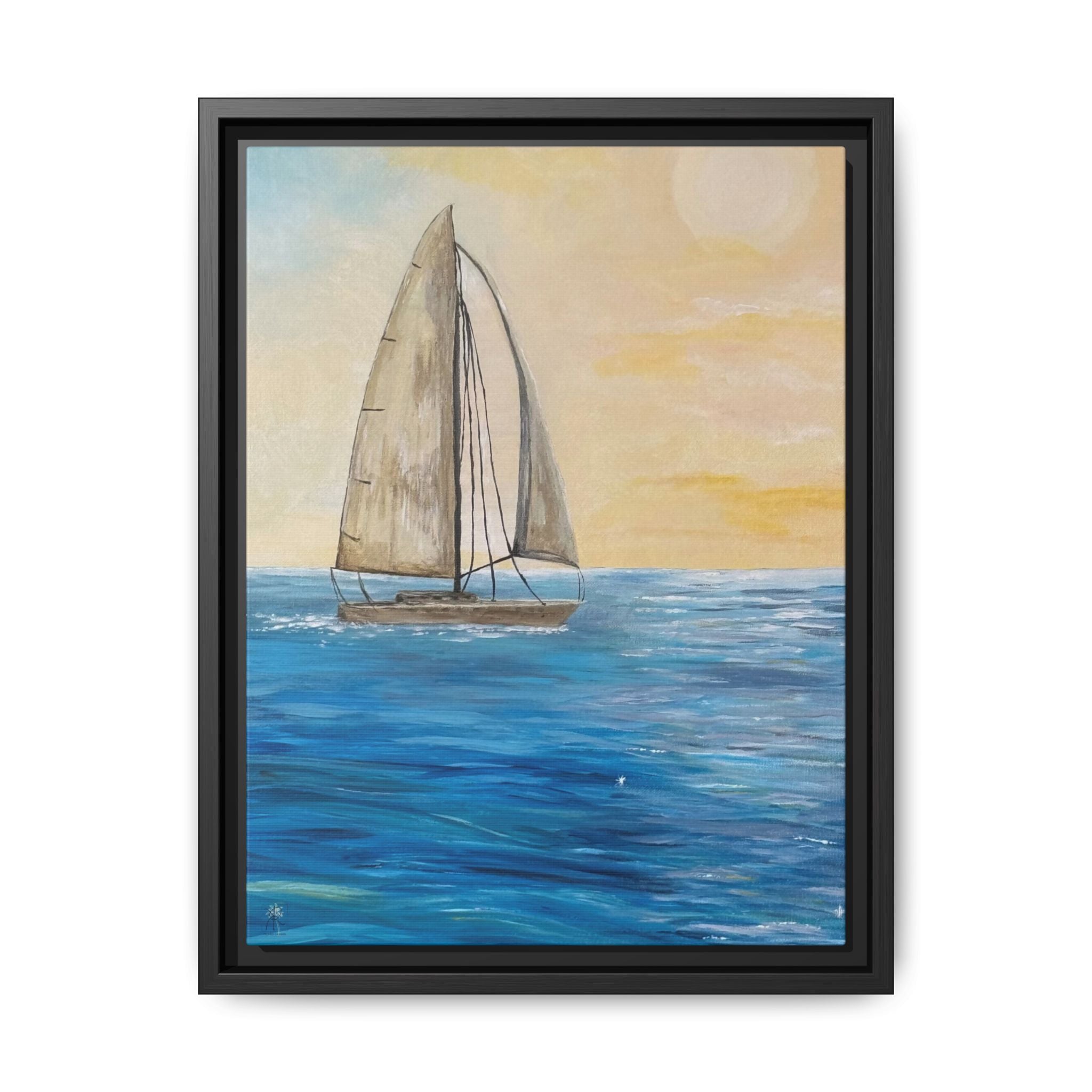 Sunset Sailboat Framed Canvas Print – Coastal Ocean Wall Art