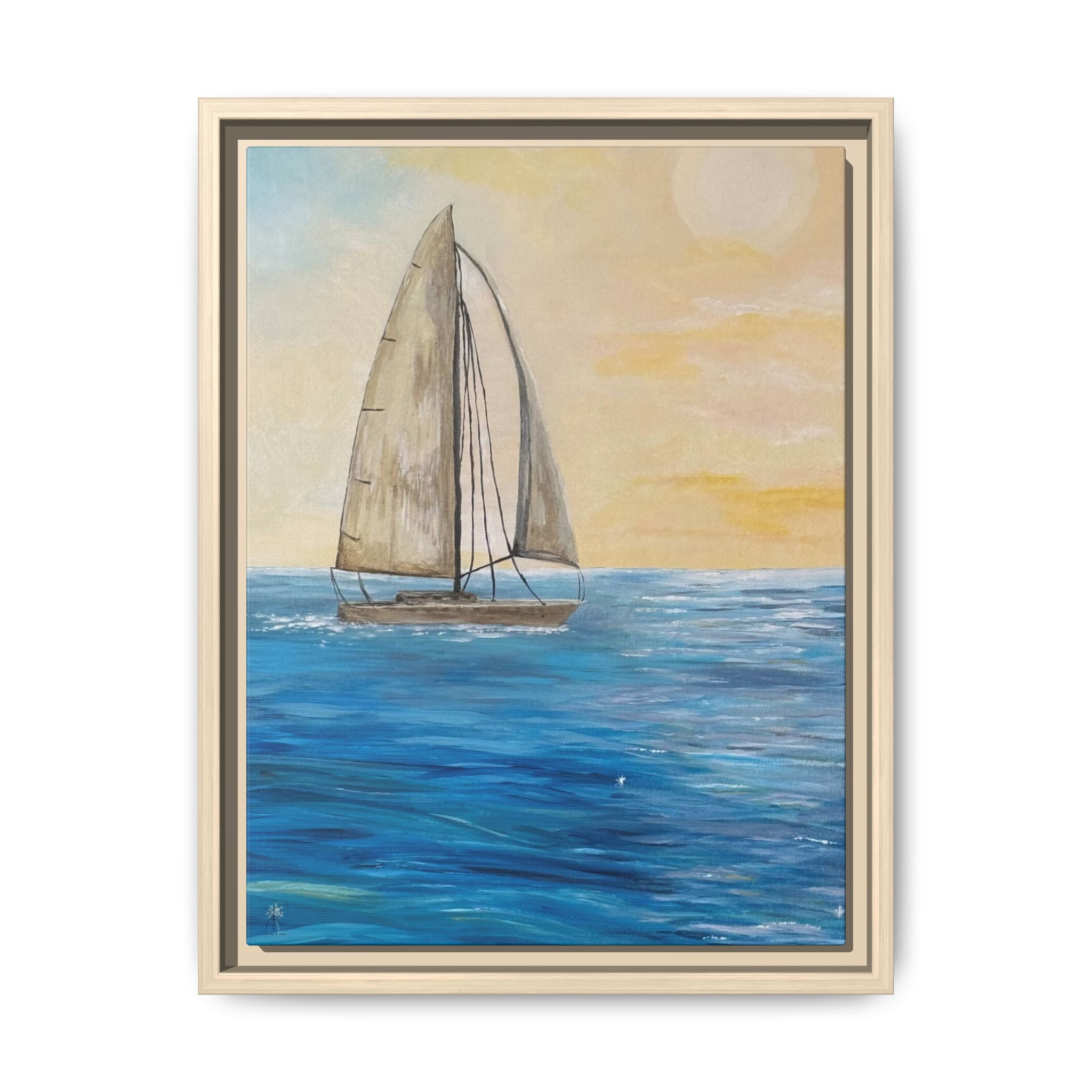 Sunset Sailboat Framed Canvas Print – Coastal Ocean Wall Art