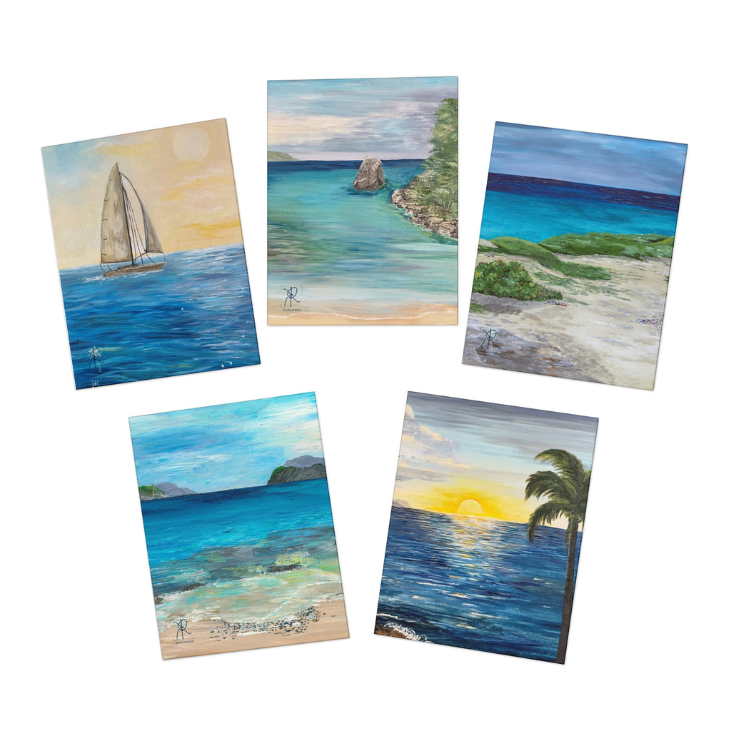 Five coastal scene paintings on a white background