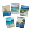 Five coastal scene paintings on a white background