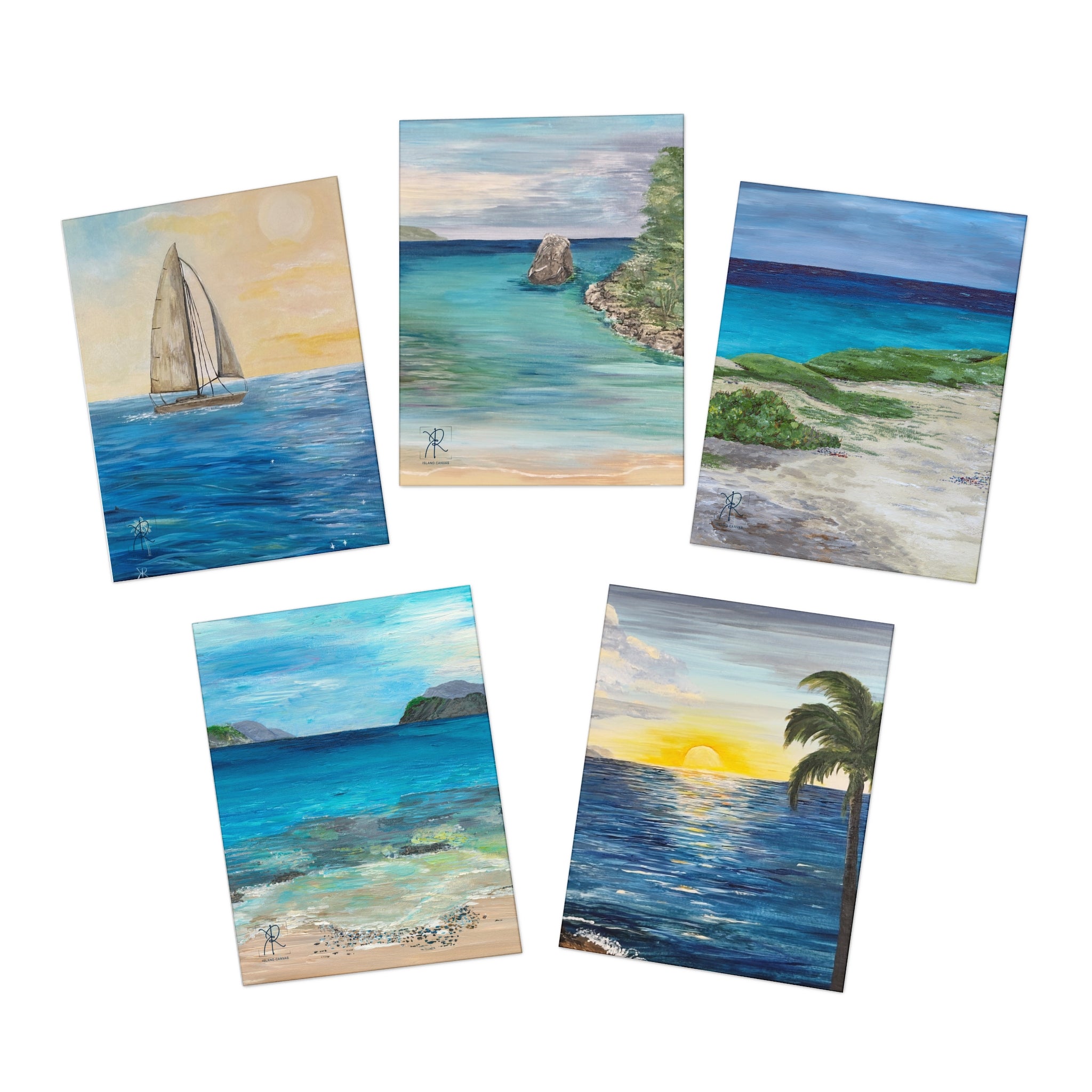 Five coastal scene paintings on a white background