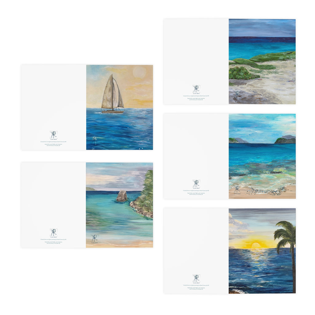 Set of five small paintings depicting ocean scenes with sailboats and landscapes on cards