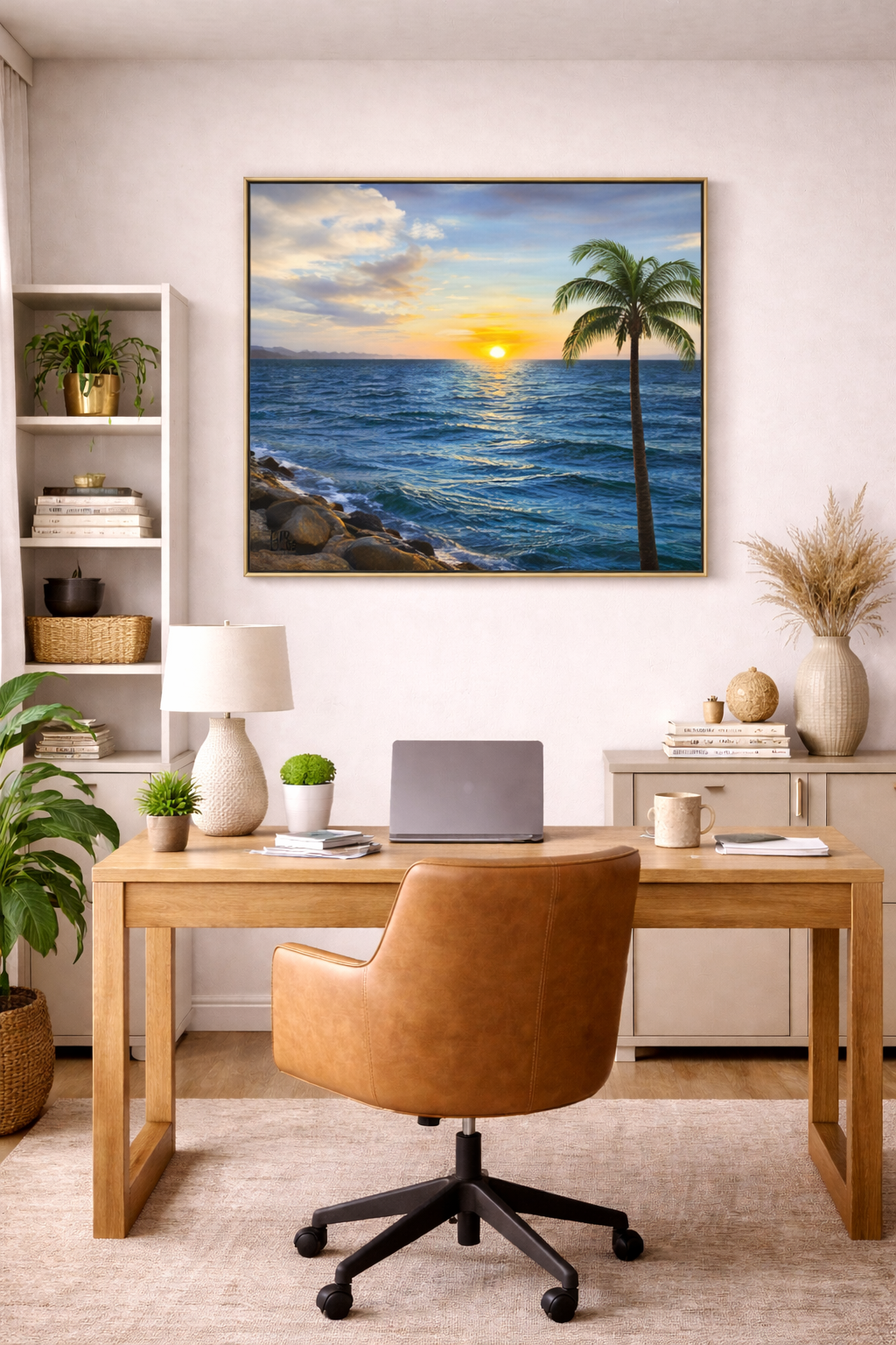 Sapphire Beach Sunrise St. Thomas Framed Canvas Print – Ocean Wall Art with Palm Tree