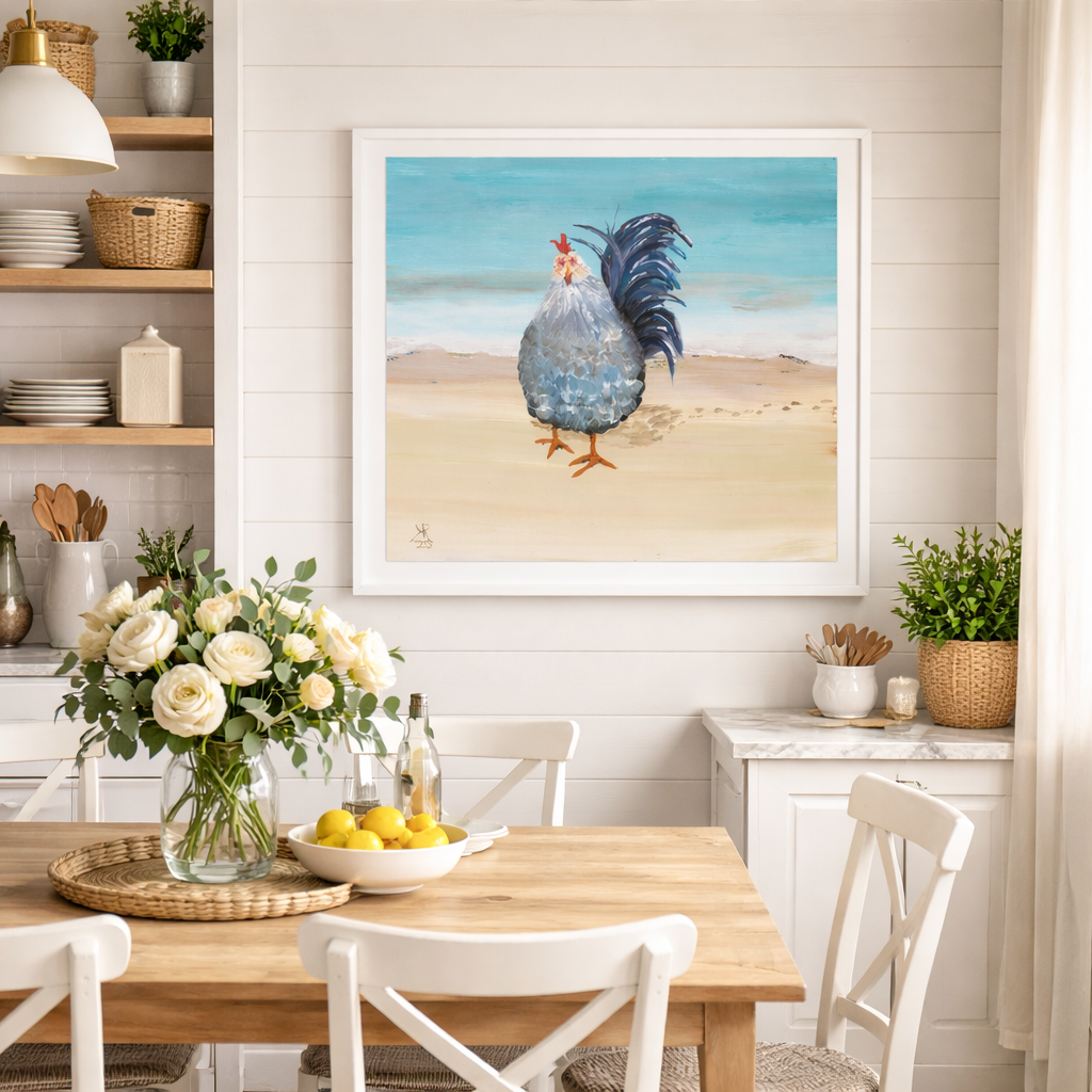 St. Thomas Beach Rooster Framed Canvas Print – Tropical Coastal Wall Art (Coki Beach USVI)