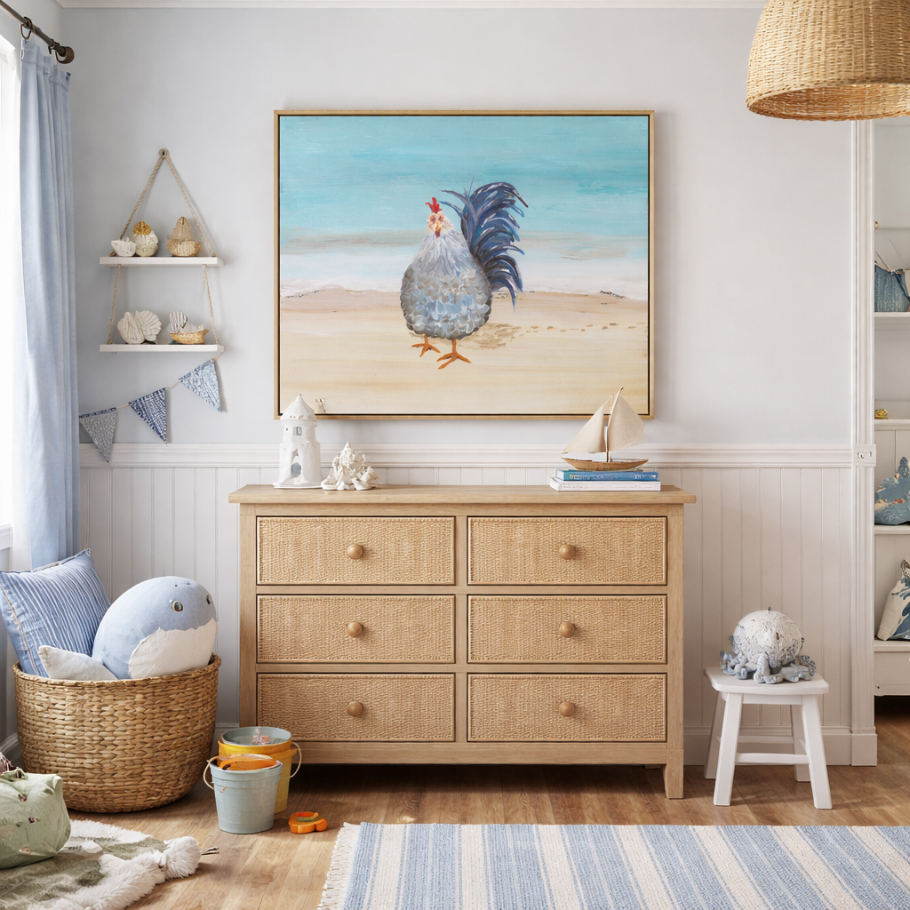 St. Thomas Beach Rooster Framed Canvas Print – Tropical Coastal Wall Art (Coki Beach USVI)