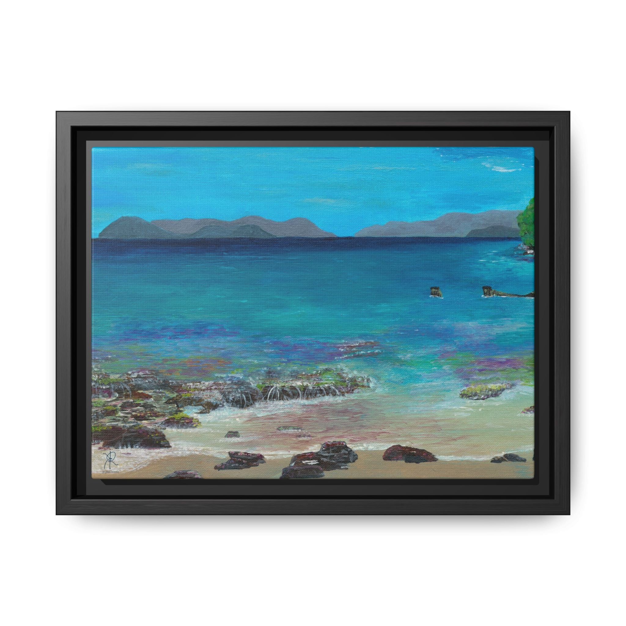 Sugar Beach Reef St. Thomas Modern Black Framed Canvas Print – Caribbean Coastal Wall Art