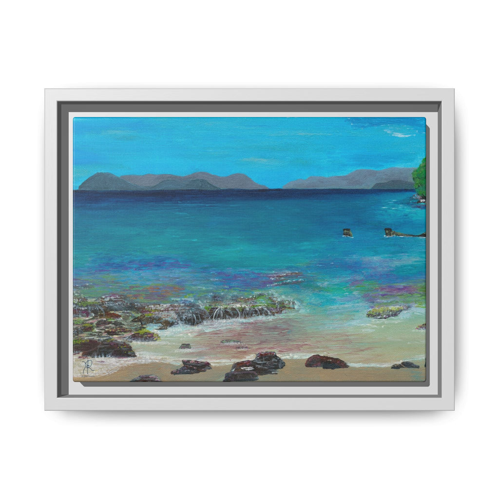 Sugar Beach Reef St. Thomas Modern White Framed Canvas Print – Caribbean Coastal Wall Art